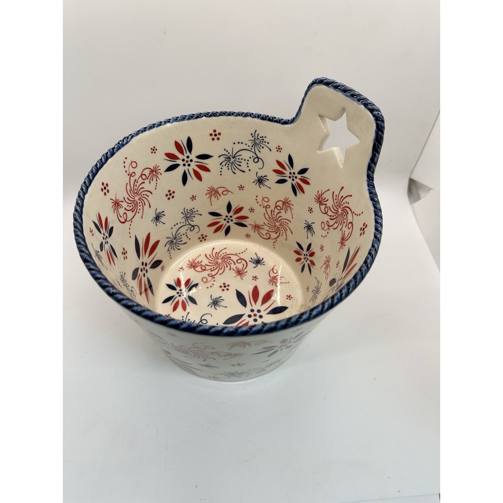 Temp-Tations 2 qt Mixing Bowl FIREWORK Patriotic Red White Blue July 4th Ceramic